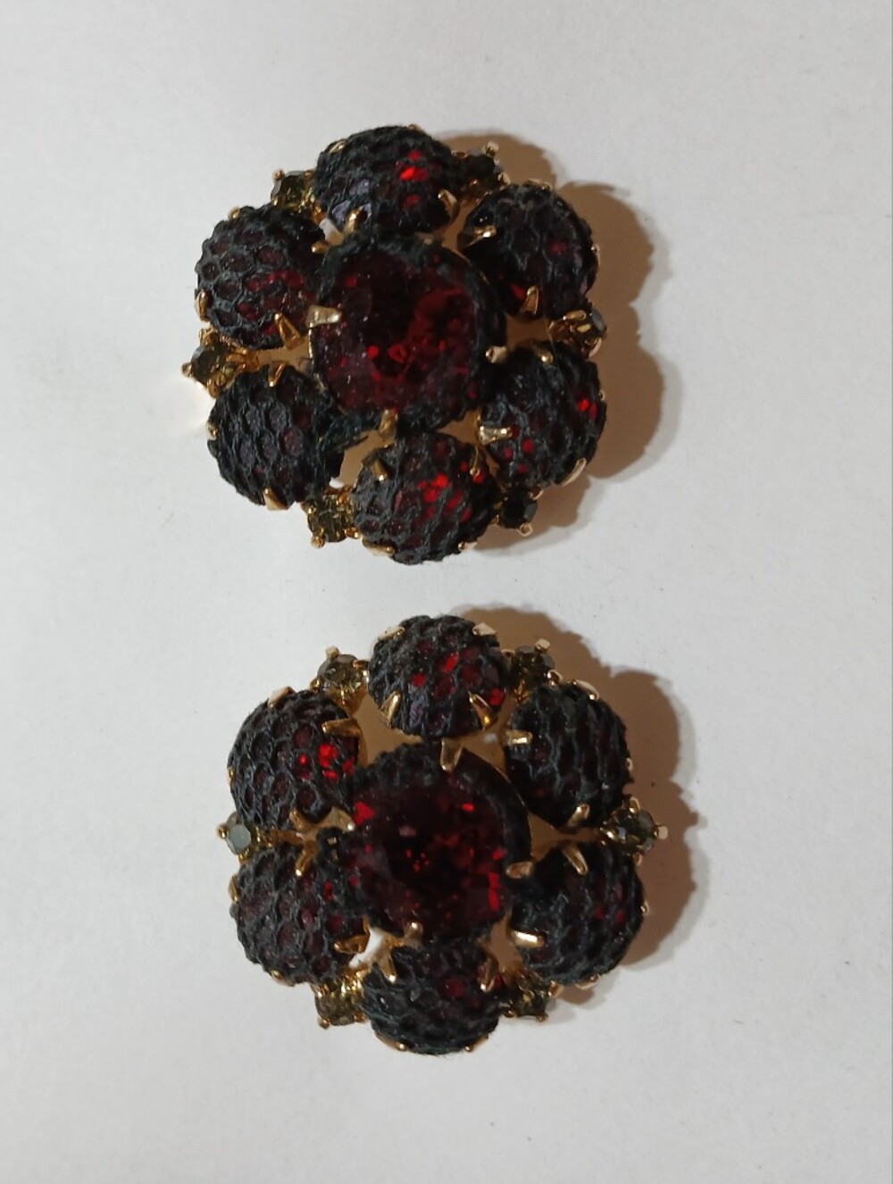 Kramer of NY Vintage Gold-Tone Floral Clip Earrings with Deep Red Gemstones